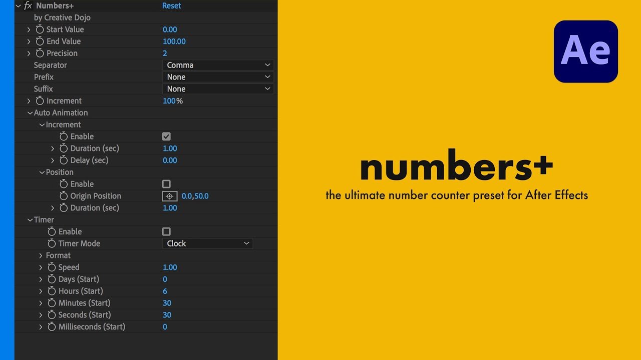 Free After Effects 2014+ Animation Preset: Numbers+ Counter and Timer Preset (Creative Dojo)