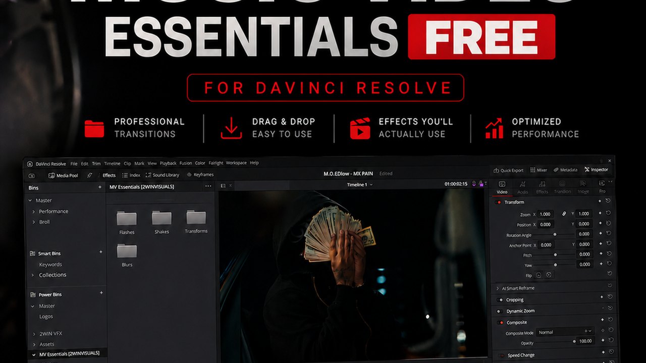 Free DaVinci Resolve 21+ Fusion Template: Music Video Essentials Flash, Shake, Slide and Blur Effects (2WINVISUALS)