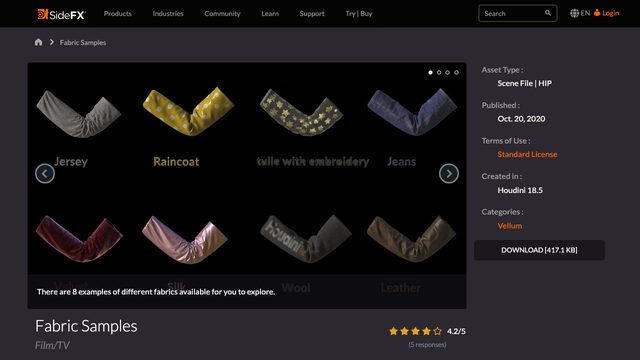 Free Houdini 18.5 HIP: Vellum Fabric Samples, 8 Cloth Presets (SideFX)