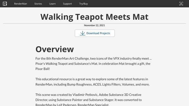 Free Maya RenderMan Scene: Walking Teapot Meets Mat (ACES, Volumes)