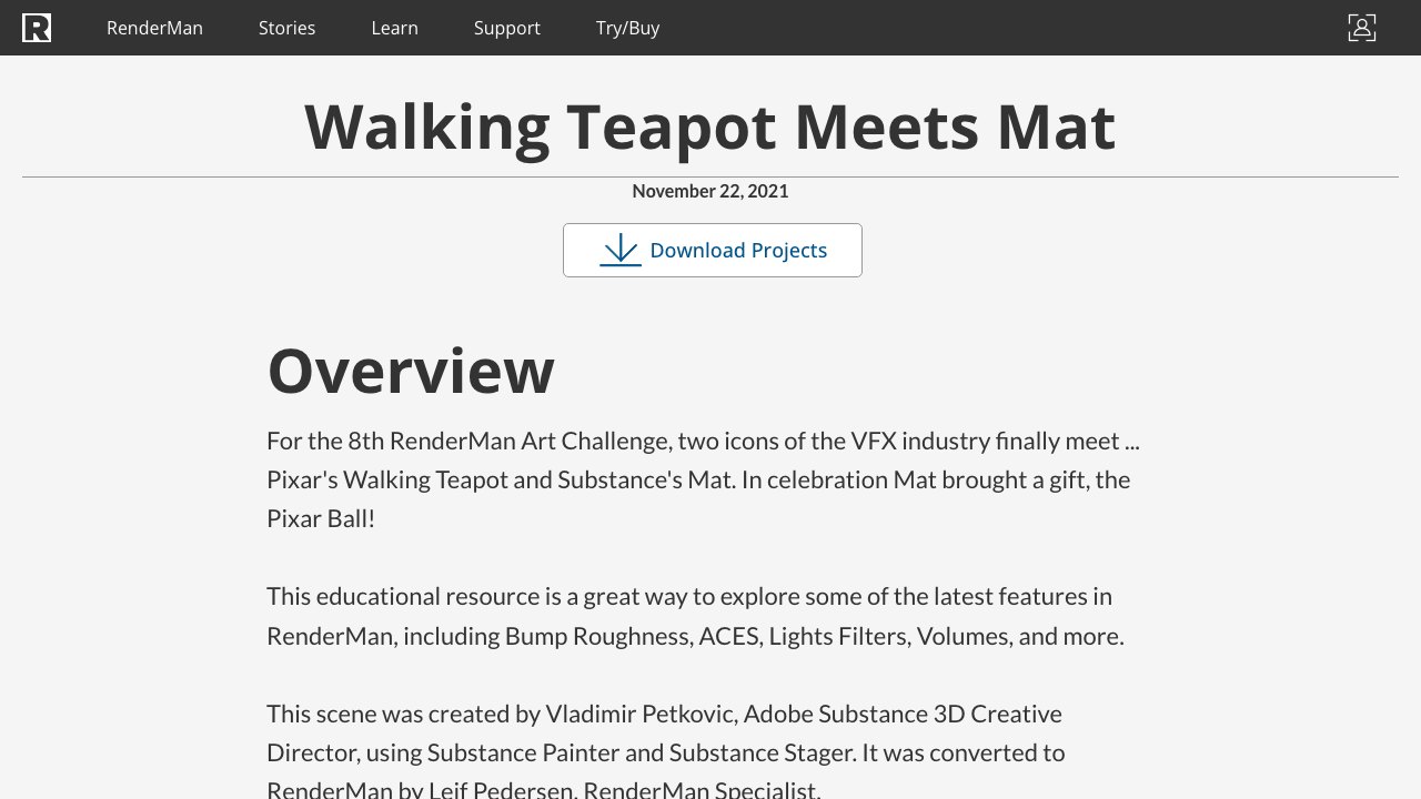 Free Maya RenderMan Scene: Walking Teapot Meets Mat (ACES, Volumes)