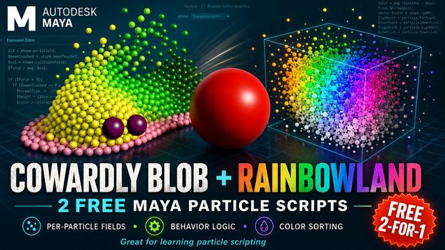 Free Maya nParticle Scenes: Cowardly Blob & RainbowLand3d Expressions