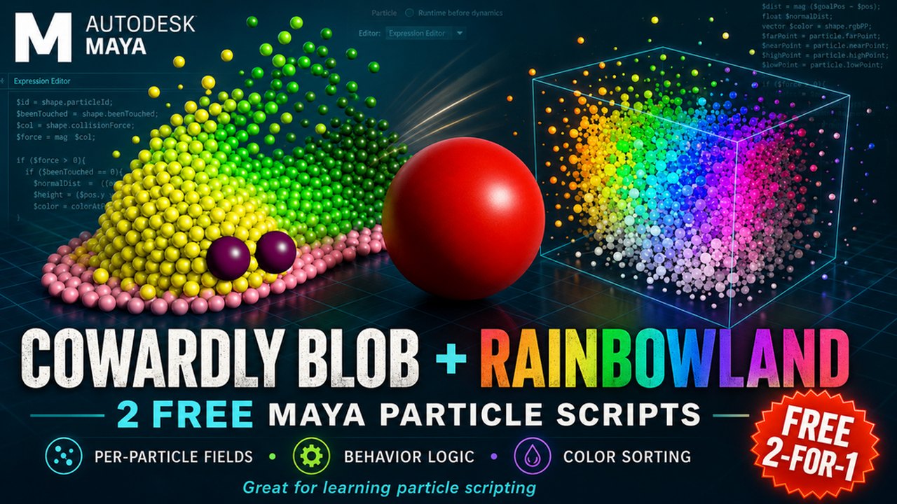 Free Maya nParticle Scenes: Cowardly Blob & RainbowLand3d Expressions