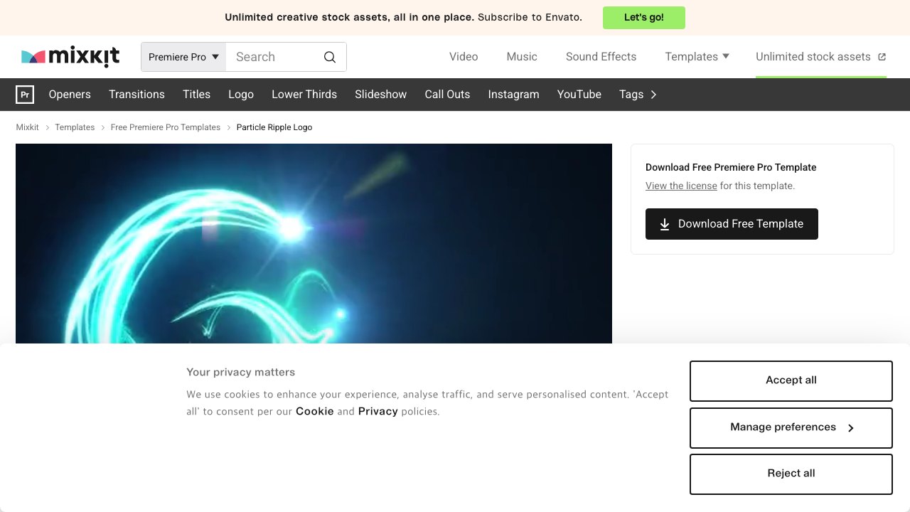 Free Premiere Pro Logo Reveal Project: Particle Ripple Logo (Mixkit)