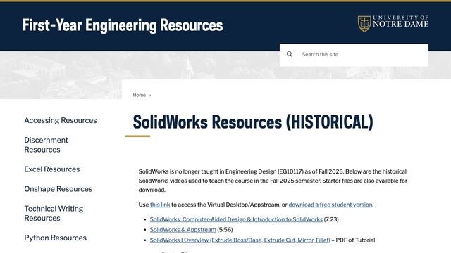Free SolidWorks Tutorial Starter Files (Notre Dame EG10117)