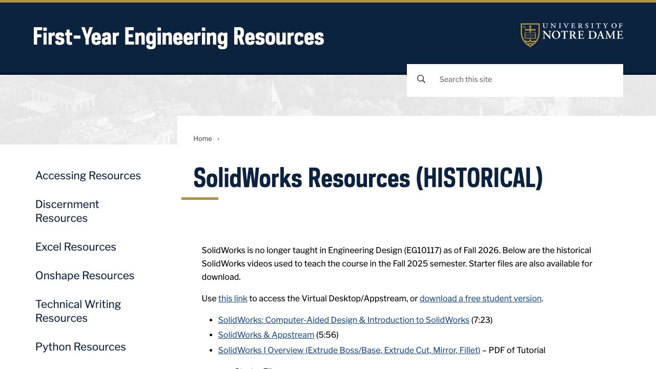 Free SolidWorks Tutorial Starter Files (Notre Dame EG10117)