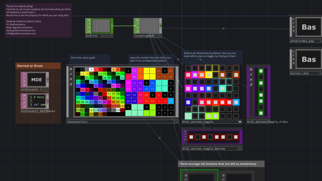 Free TouchDesigner Component: AKAI APC mini mk2 LED Mapping with Toggle and Momentary Buttons (guillermoalmo)