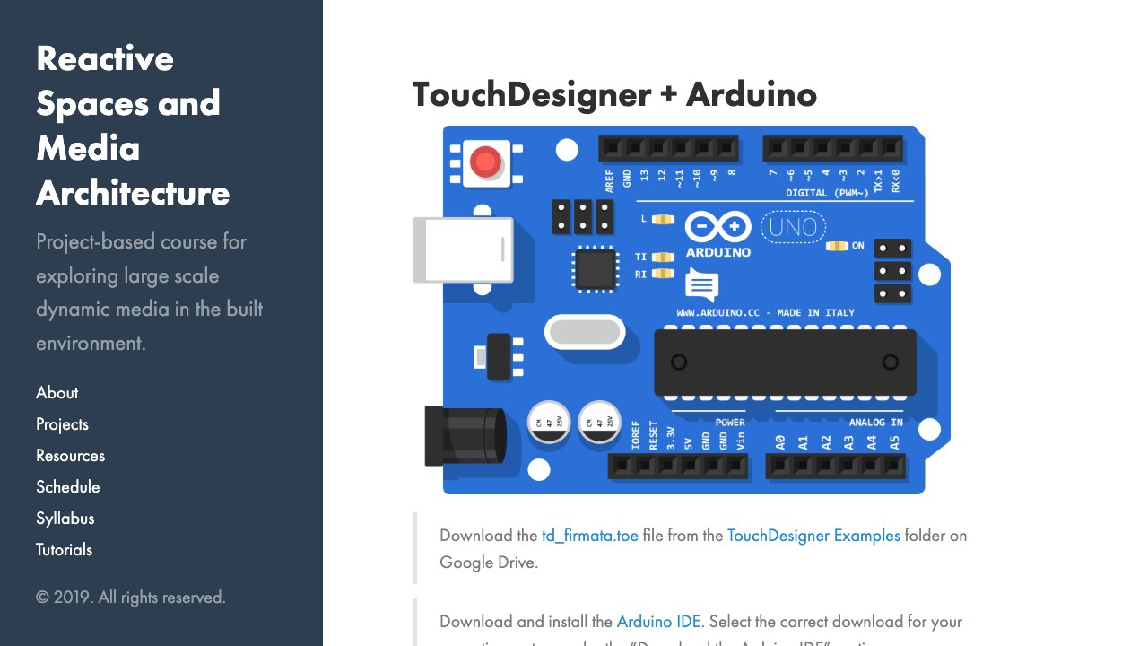 Free TouchDesigner Project: Arduino with StandardFirmata and the Firmata COMP (CMU Reactive Spaces Course)