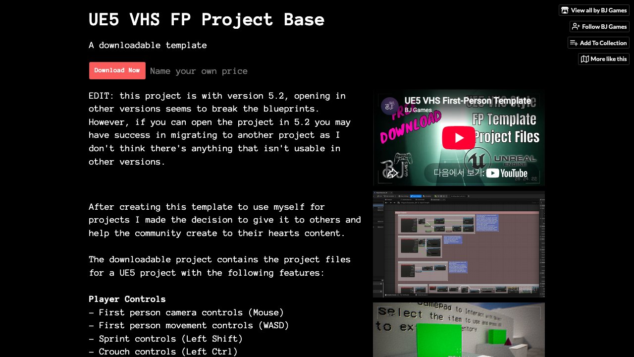 Free Unreal Engine 5.2 Project Template: VHS First-Person Base with Inventory (BJ Games)